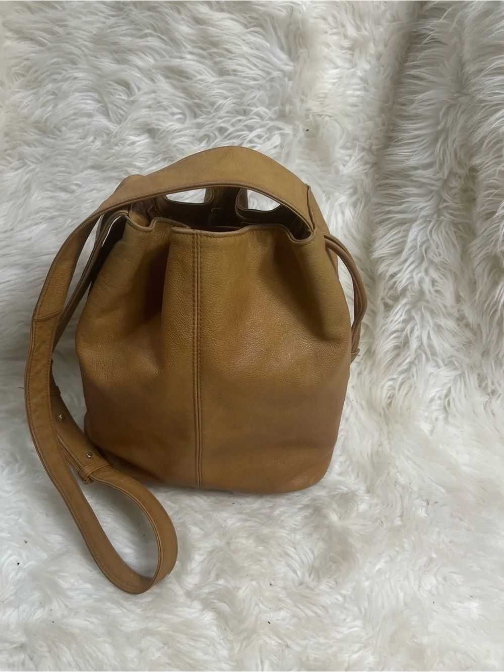 Leather Tan Bucket style Shoulder / crossbody Bag  top string closure Bag .